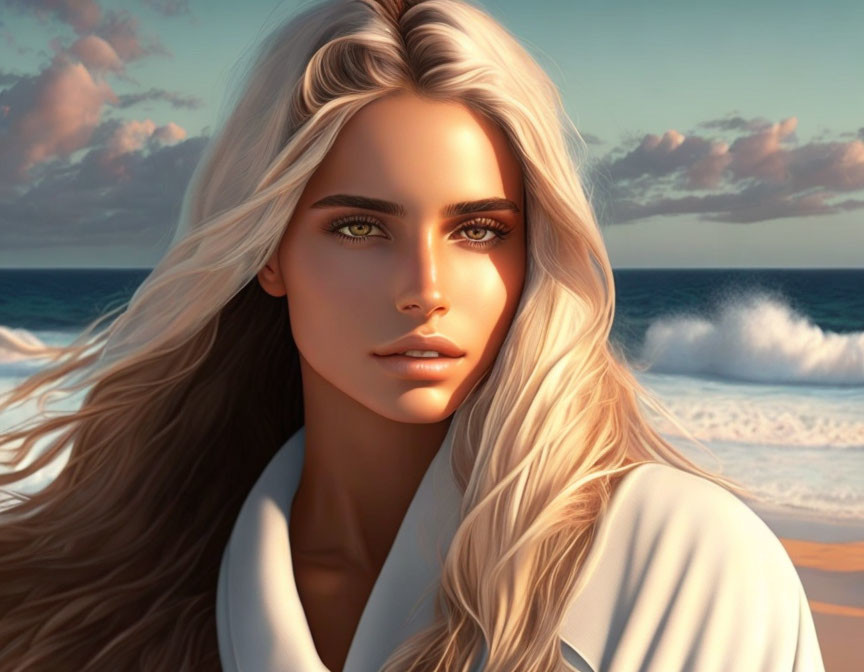 Blonde woman in white garment on beach with waves - Digital Art