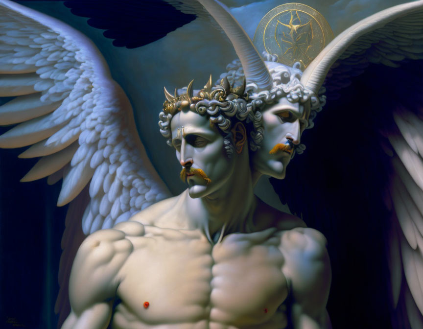 Dual-faced angel with ram horns and golden crown in surreal artwork