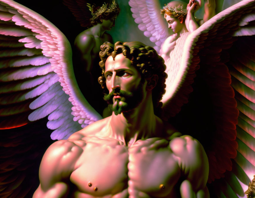 Muscular figure surrounded by angelic beings with detailed wings in intense, ethereal setting