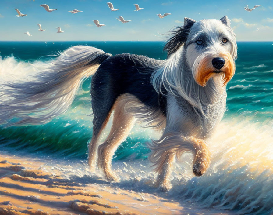 Dog with flowing mane on beach with crashing waves and flying seagulls