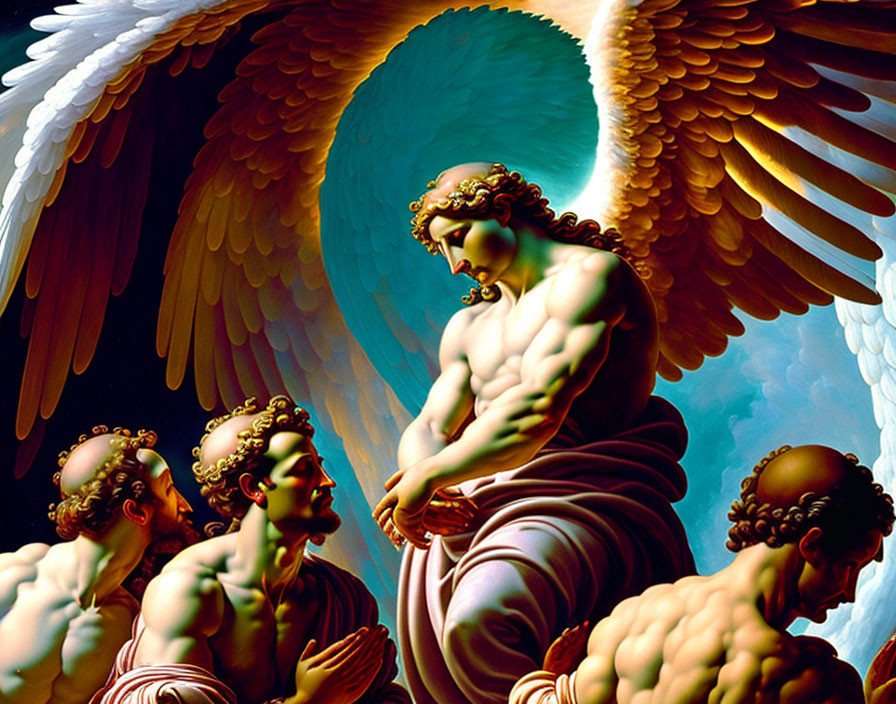 Digital artwork of powerful angel with white wings and adoring figures in sky-like setting