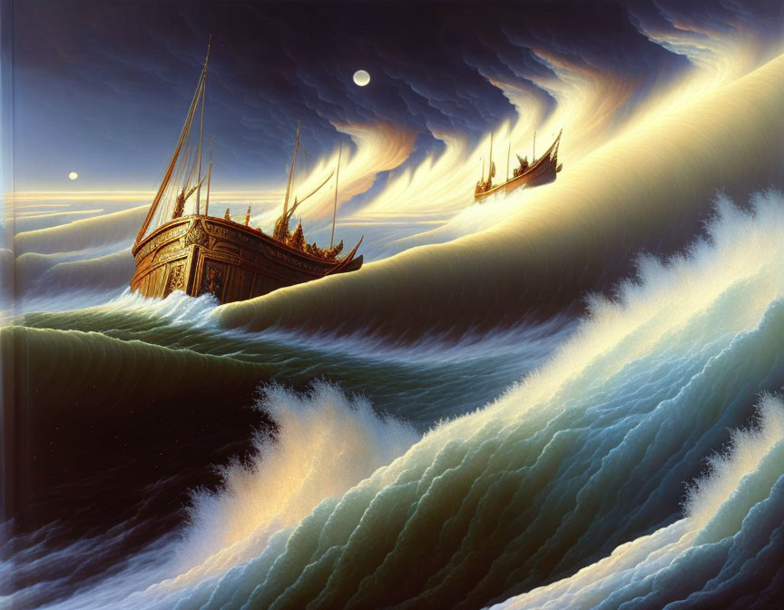 Surreal artwork: ships on towering waves under multiple moons