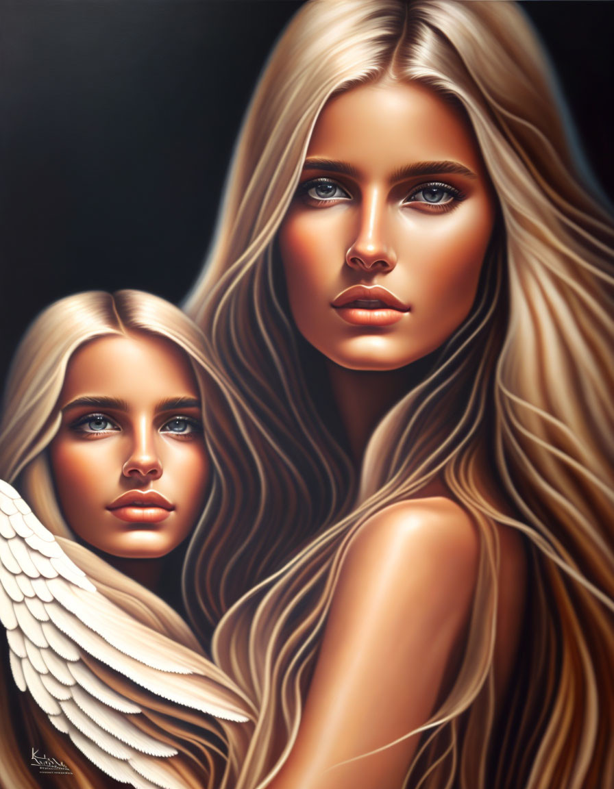 Stylized blonde angelic figures with blue eyes and white wings