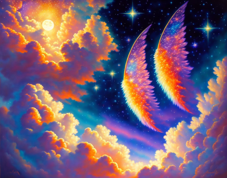 Colorful sky artwork with orange clouds, stars, moon, and luminous wings