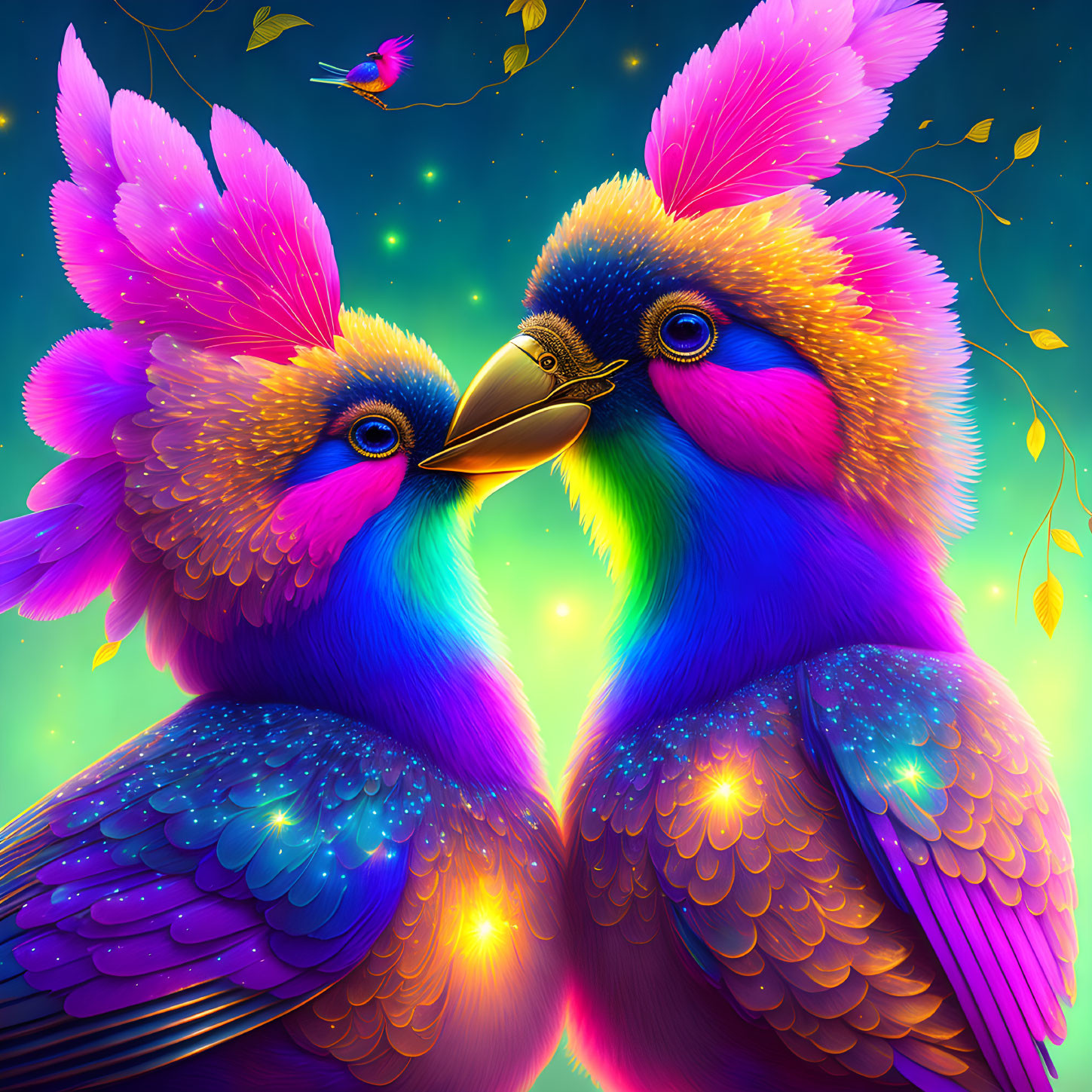 Colorful Birds with Neon Plumage in Glowing Environment Touching Beaks