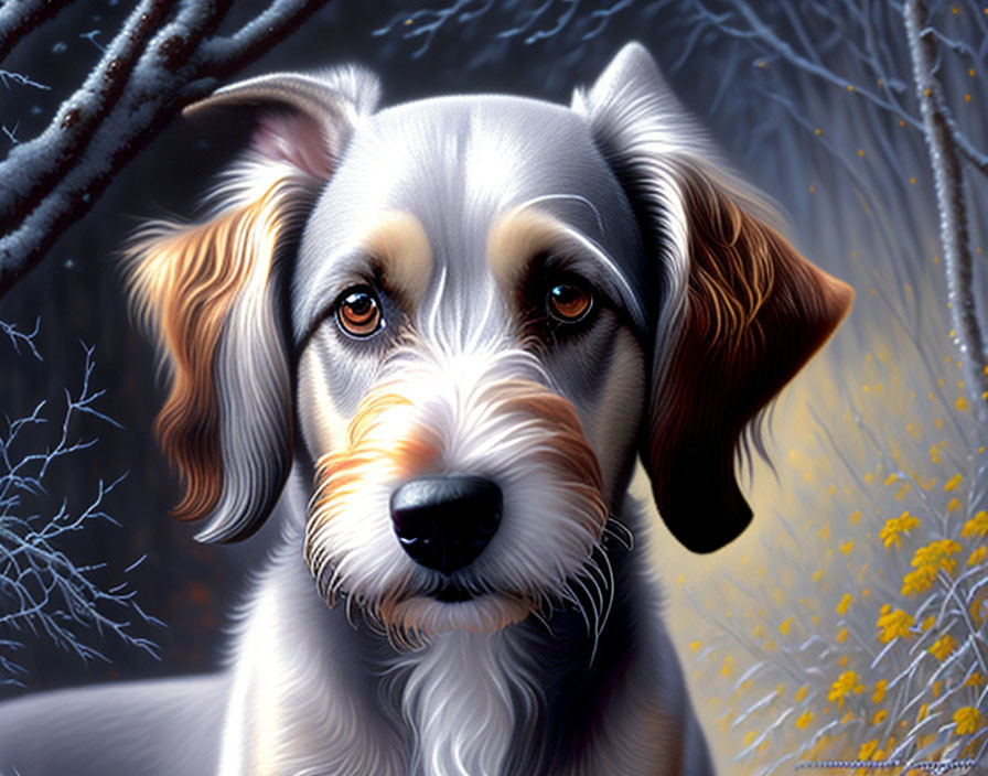 Illustrated portrait of a glossy-eyed black and tan dog with yellow flowers and bare branches.