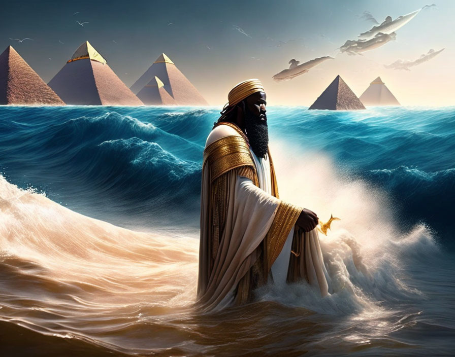 Bearded Figure in Ancient Egyptian Garments at Parted Sea with Pyramids