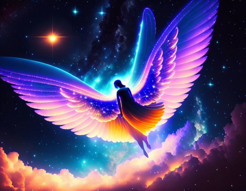 Colorful Angel Soaring Through Starlit Sky