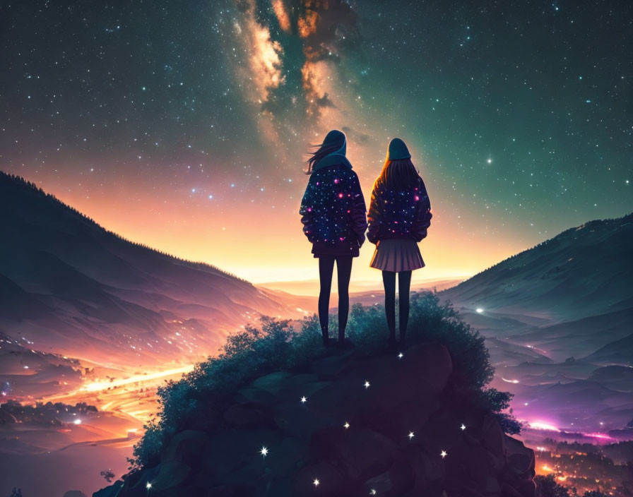 Night scene: Two people on hill, admiring starry sky and galaxy, with lit roads in