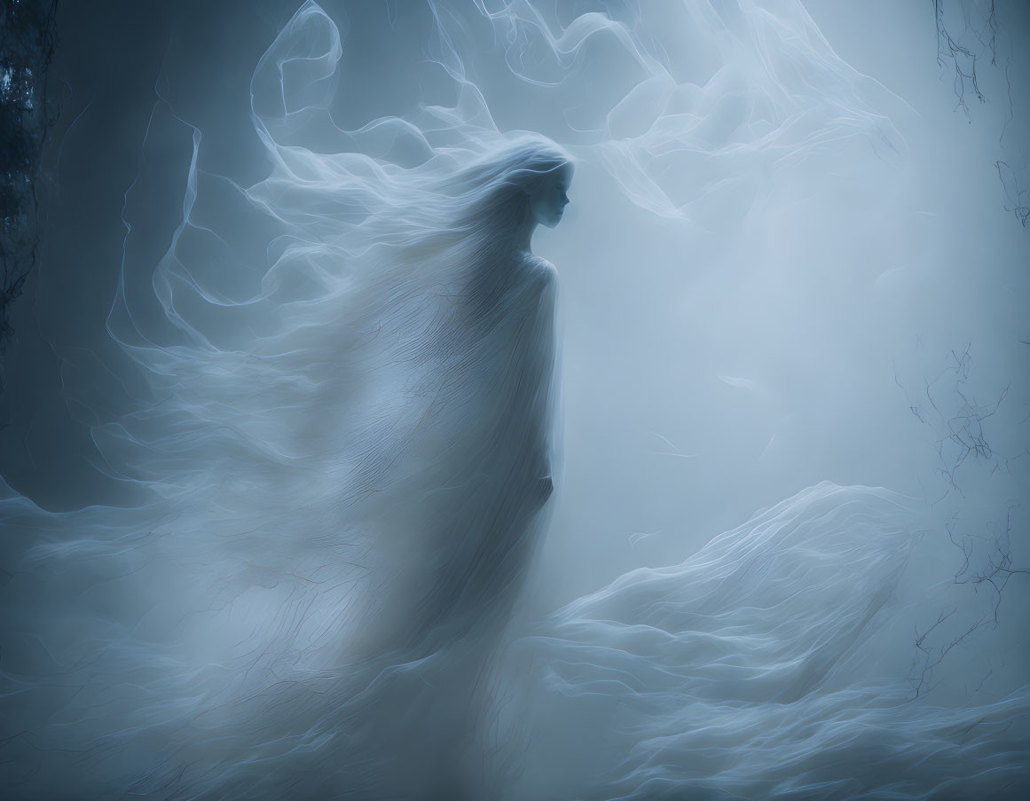 Misty ghostly figure on eerie blue background