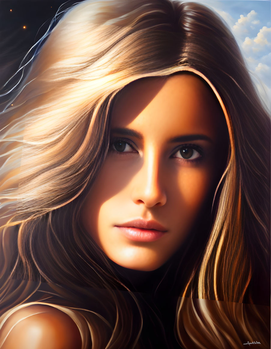 Hyper-realistic digital painting of woman with flowing hair against soft, backlit background