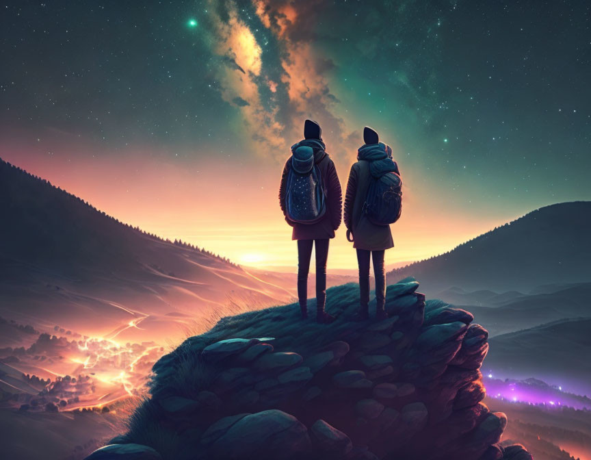 Two hikers admiring surreal sunset over vibrant landscape