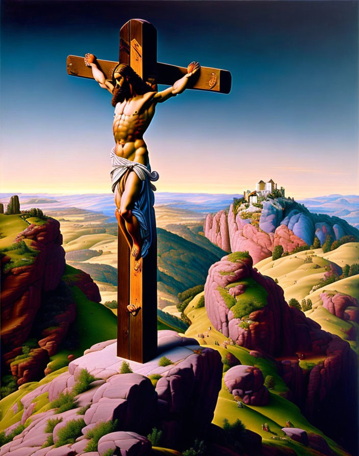 Surreal landscape with figure on cross, hills, and castle.