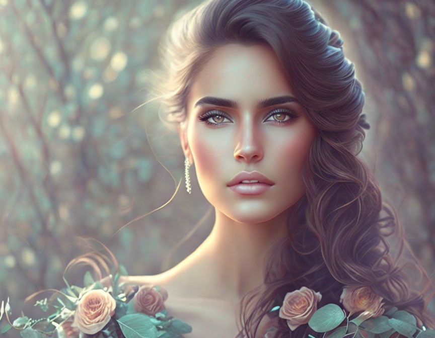 Digital artwork featuring a woman with wavy hair, green eyes, and floral adornments