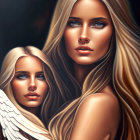 Stylized blonde angelic figures with blue eyes and white wings