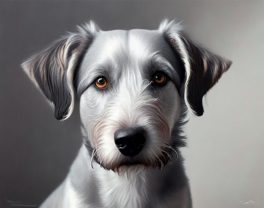 Realistic Gray and White Dog Portrait with Amber Eyes and Expressive Ears