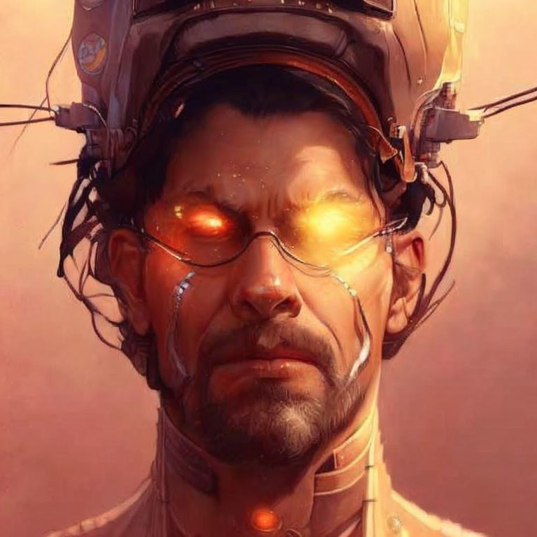 Sci-fi digital artwork: man with glowing orange eyes in high-tech helmet.