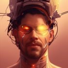 Sci-fi digital artwork: man with glowing orange eyes in high-tech helmet.