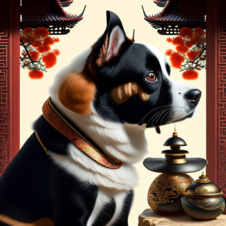 Detailed regal dog with Asian backdrop and ornate jars and cherry blossoms