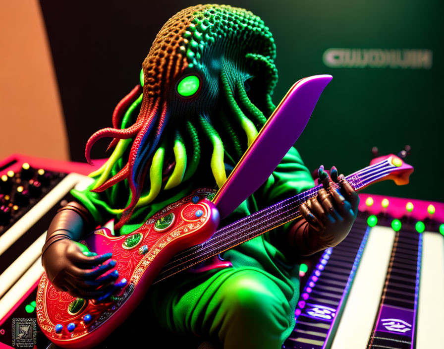 Colorful Toy Alien Playing Red Guitar on Neon Background