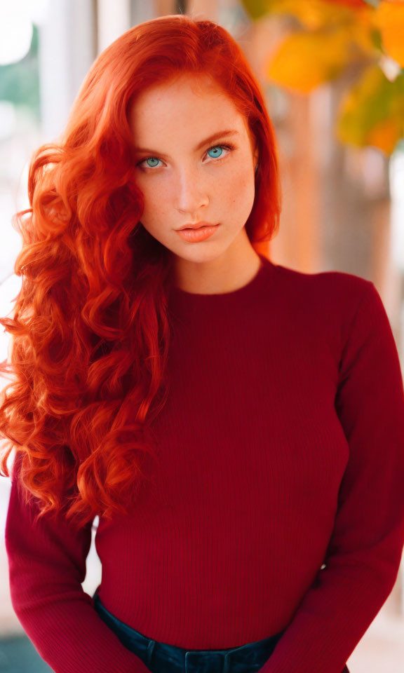 Red-haired woman in red top with blue eyes among autumn leaves