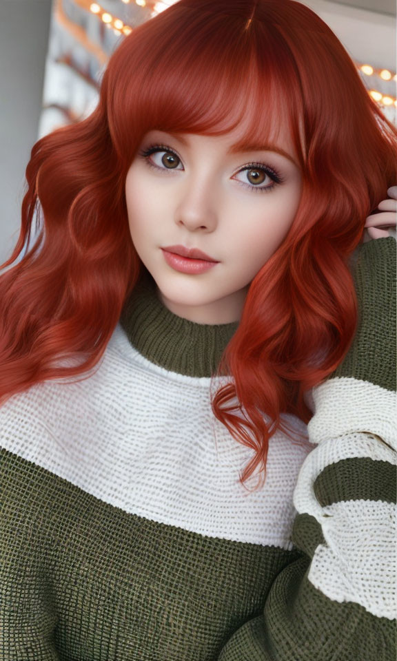 Digital Artwork: Woman with Red Hair & Violet Eyes in Striped Sweater