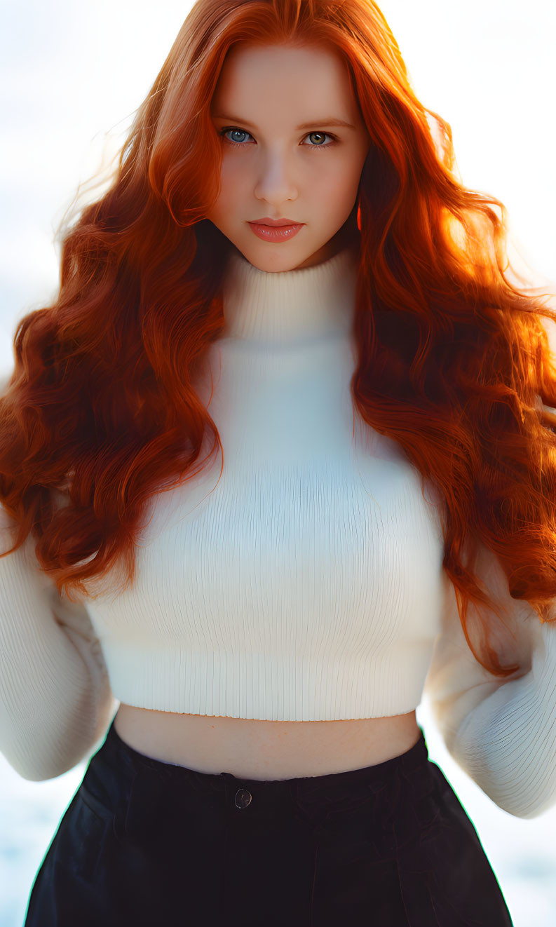 Red-haired woman in white turtleneck with blue eyes under soft light