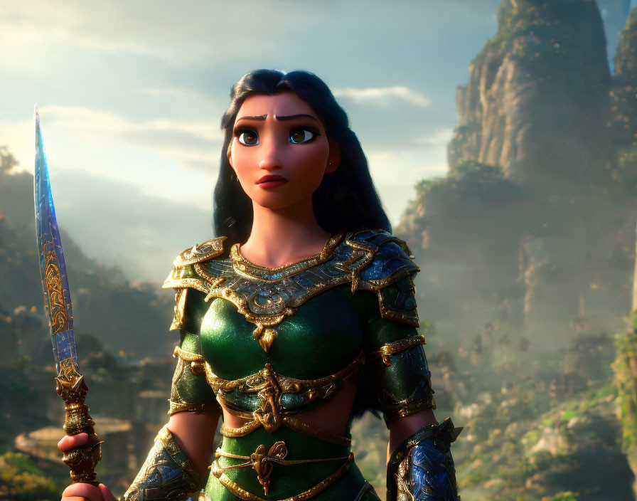 3D animated female character in green and gold armor with blue sword in misty mountainous setting