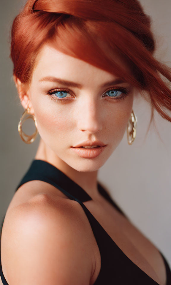 Portrait of Woman with Red Hair and Blue Eyes in Black Top and Gold Hoop Earrings