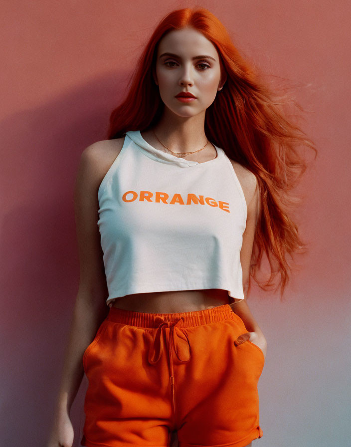 Red-Haired Woman in White Crop Top and Orange Pants on Pink and Blue Background