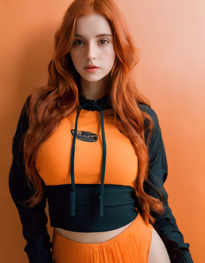 Long red-haired woman in black and orange attire on orange background