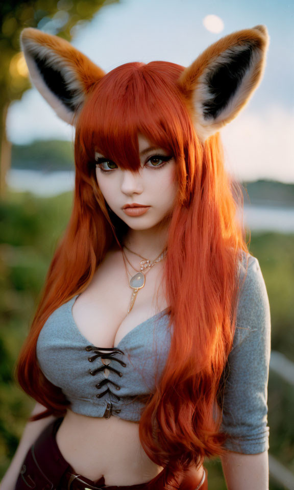 Cosplayer with Fox Ears in Natural Setting