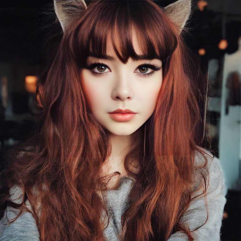 Person with Long Auburn Hair and Cat Ears Headband, Doll-Like Eyes