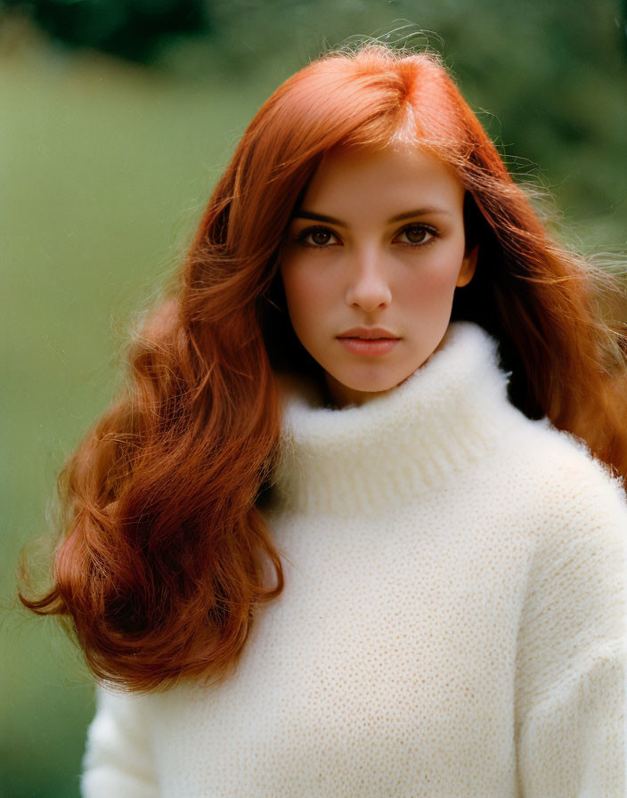 Red-haired woman in white turtleneck sweater on green backdrop