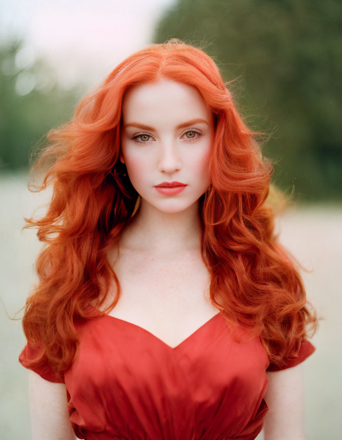 Vibrant red-haired woman in red dress against natural backdrop