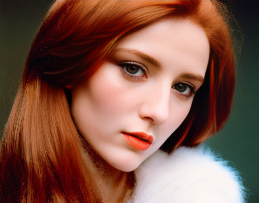 Woman with red hair and white fur collar on dark background