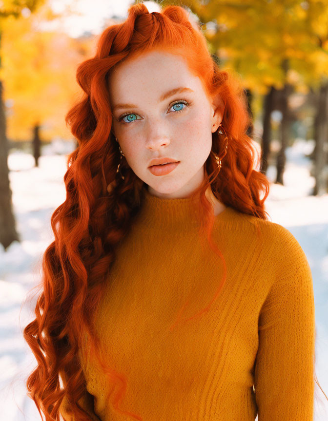 Woman with Red Hair and Blue Eyes in Yellow Sweater in Autumn Scene