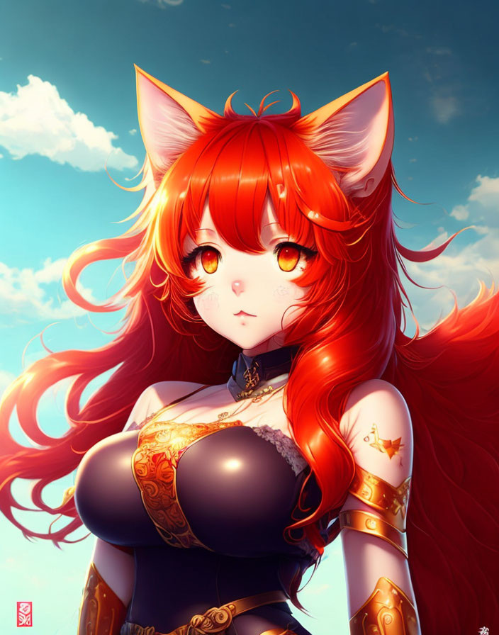 Vibrant digital art: female character with orange hair and fox ears under blue sky