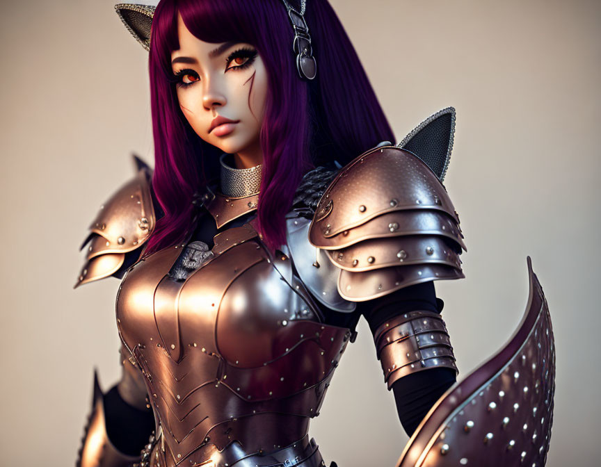 Digital Art: Female Character with Purple Hair, Cat Ears, & Fantasy Armor