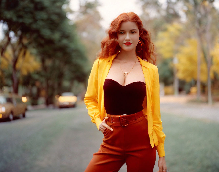 Red-haired woman in yellow blazer on tree-lined road