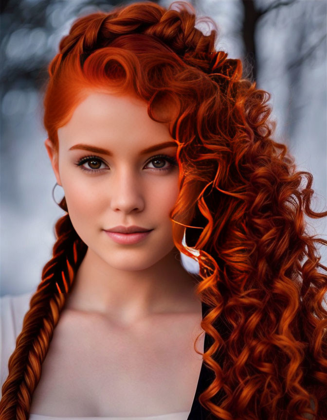 Portrait of woman with vibrant red hair, intricate braid, and green eyes