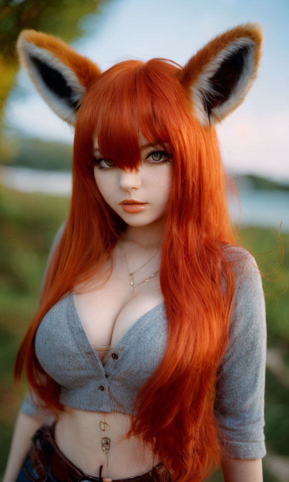 Orange-Haired Person with Fox Ears Outdoors in Gray Crop Top