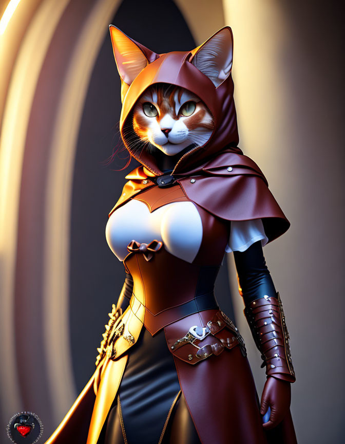 Fantasy-themed illustration of cat with human-like features in red and brown outfit