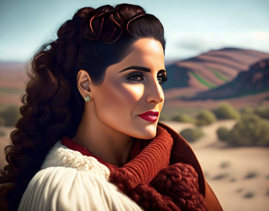 Stylish woman in warm clothes with sunglasses in desert landscape