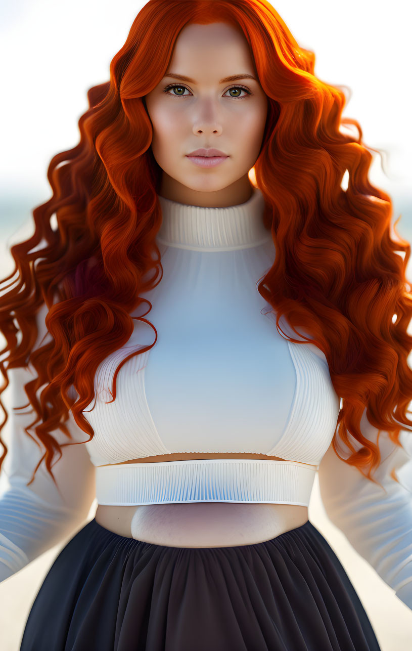 Vibrant red-haired woman in white top and dark skirt with blue eyes on blurred background