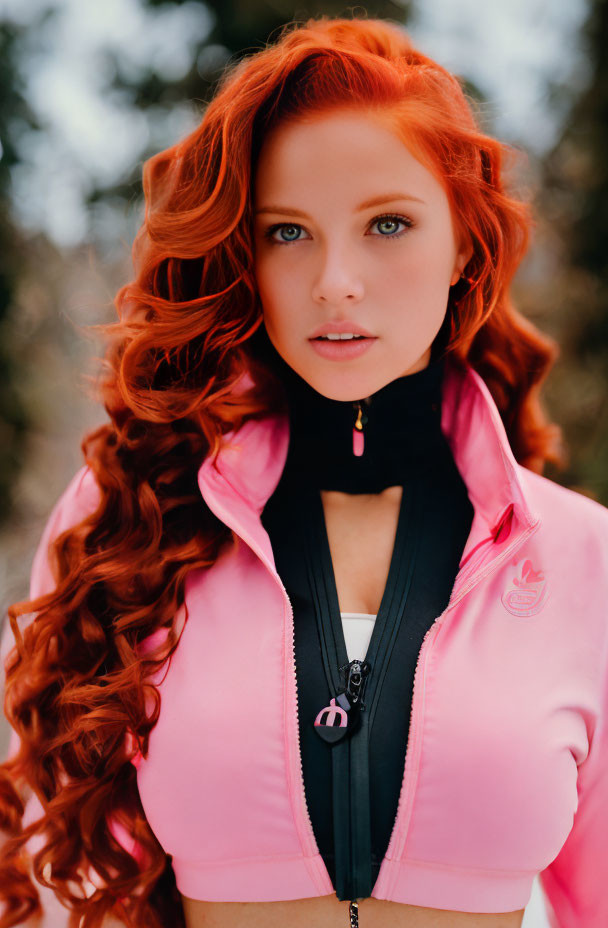 Vibrant red-haired woman in pink and black jacket against blurred nature background