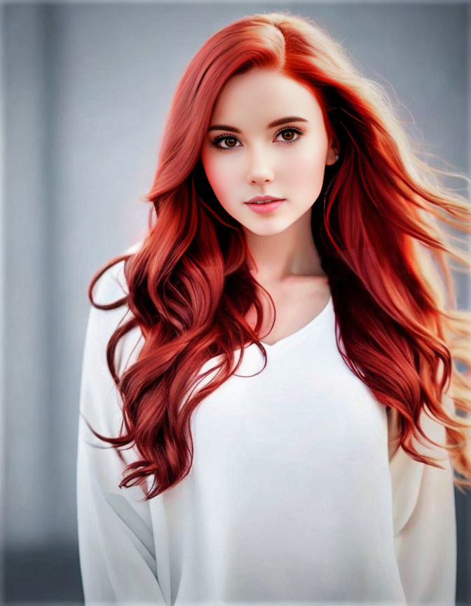 Woman with vivid red hair in white top, fair skin, gazing forward