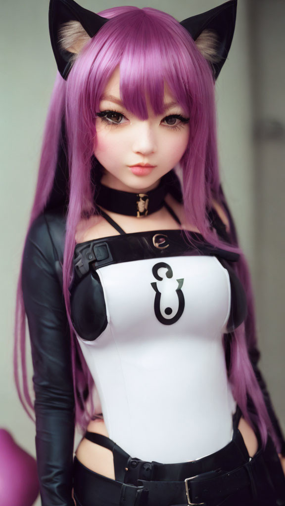 Cosplayer with purple hair and cat ears in yin-yang costume