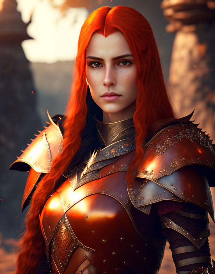 Vibrant red-haired woman in ornate red and gold armor gazes solemnly