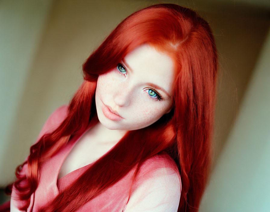 Red-Haired Person with Green Eyes in Soft Indoor Lighting